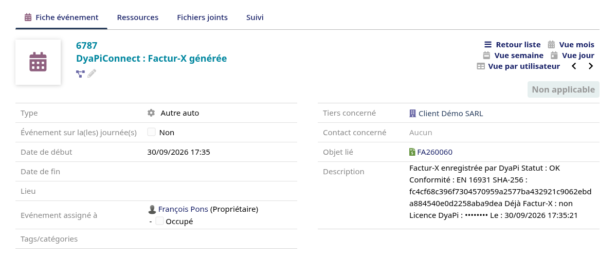 Dolibarr event “DyaPiConnect: Factur-X generated” linked to an invoice