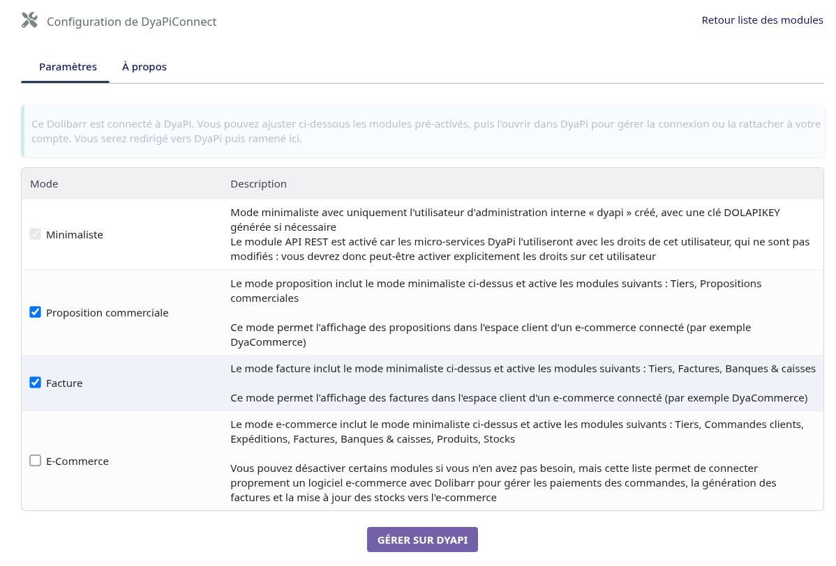 DyaPiConnect settings page in Dolibarr